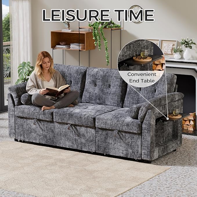 Convertible Sleeper Sofa Bed, 63 Inch Chenille Pull Out Couch
