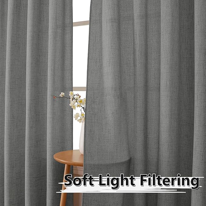 Tollpiz Short Linen Curtains Bedroom Rod Pocket Semi Sheer Curtain Burlap Light Filtering Thick Linen Drapes for Living Room, 38 x 45 inches Long, Dark Grey, Set of 2 Panels