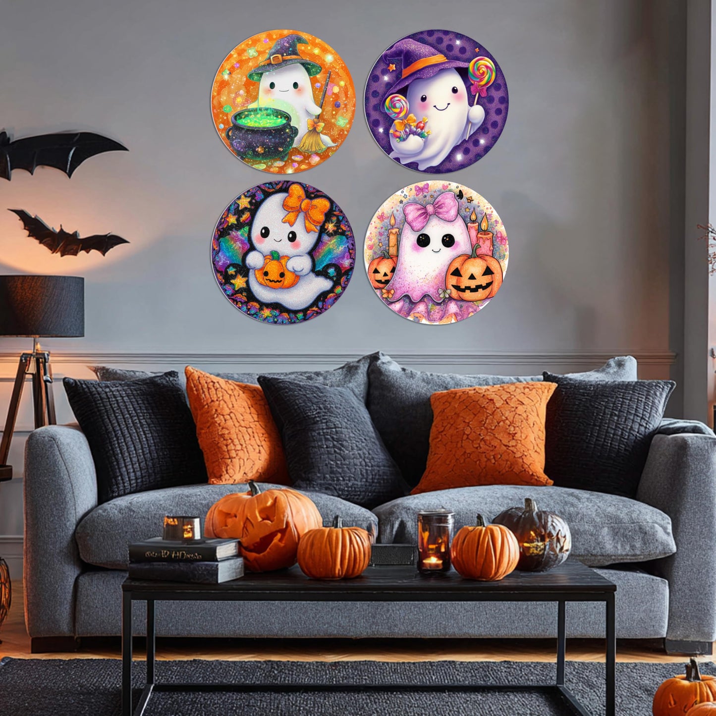 TracyArt Halloween Wall Decor, Horror Gifts - Cute Ghosts, Halloween Poster, Horror Decor, 4 pcs 12"