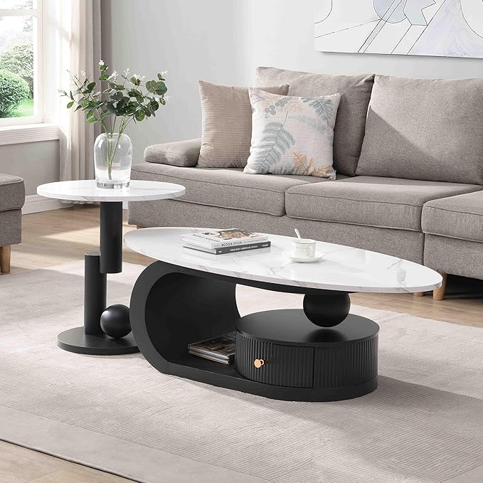 Modern Oval Coffee Table Set of 2, Faux Marble Coffee Table and Round End Table