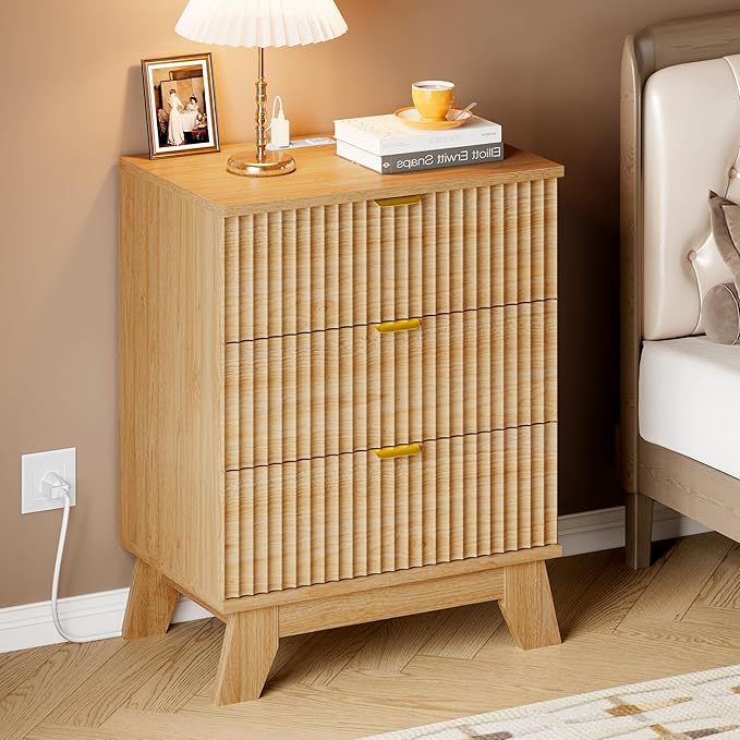 BORNOON 30.5" Nightstand with Charging Station, 3-Drawer Fluted Bedroom Chest