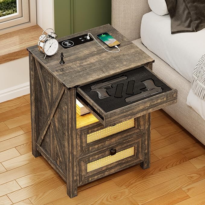 FREDEES Rustic Nightstand with Gun Drawer, End Table with Charging Station