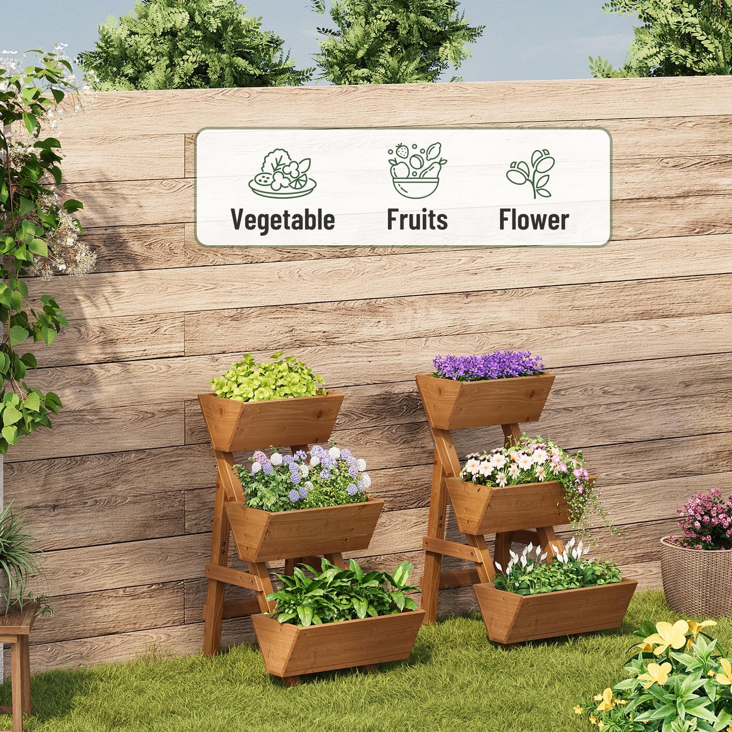 Vertical Wooden Raised Garden Bed, Garden Planters Freestanding Wood Plant Stand Flower Rack Wooden Planter Box for Plants Herbs Flowers Vegetables Outdoor Indoor Gardening (3-Tier Small Brown)