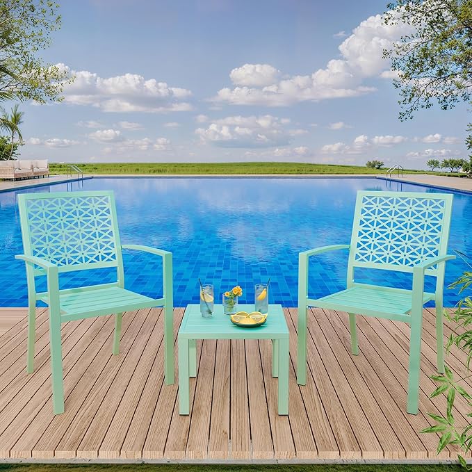 GarveeTech 3 PCS Outdoor Bistro Set, Stackable Modern Metal Steel Table and
