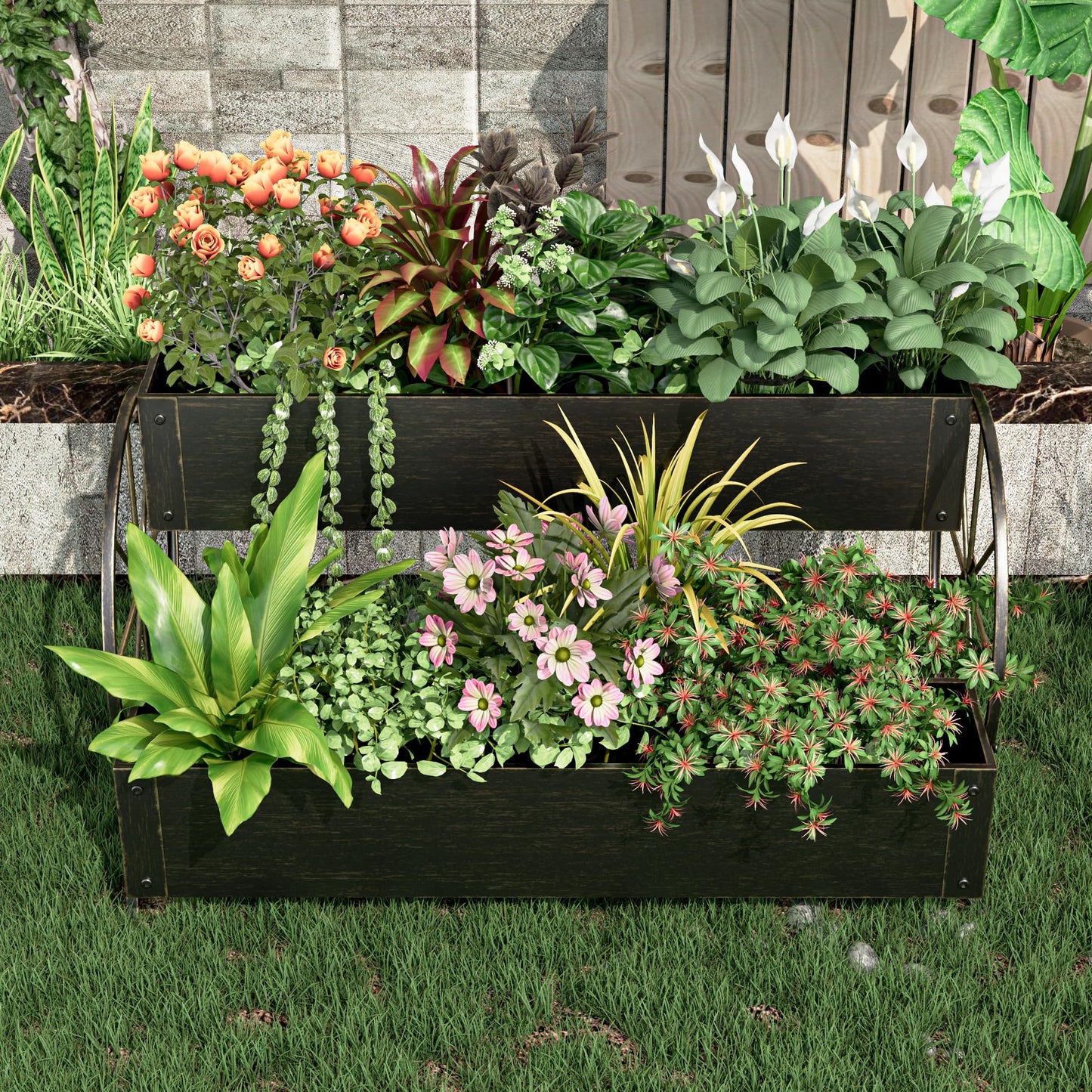 Athuiline Metal Wagon Planter Box, 2-Tier Outdoor Planter Raised Garden Beds with Wheels, Decorative Planter Boxes for Flowers Herbs Vegetables, Small Flower Cart for Patio, Balcony (Retro Gold)