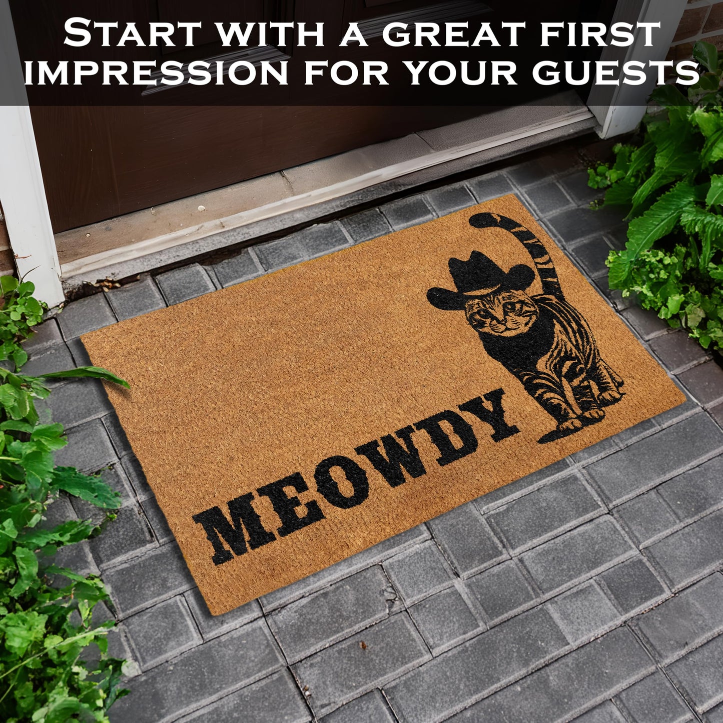 MAINEVENT Meowdy Doormat 30x17 Inch, Cat Front Door Mat for Covered Outdoor Area, Black Cat Welcome Mats for Front Door Gift, Coir Outdoor Doormat