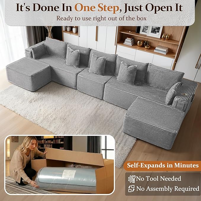 168" Cloud Sectional Couch, Comfort U Shaped Sofa