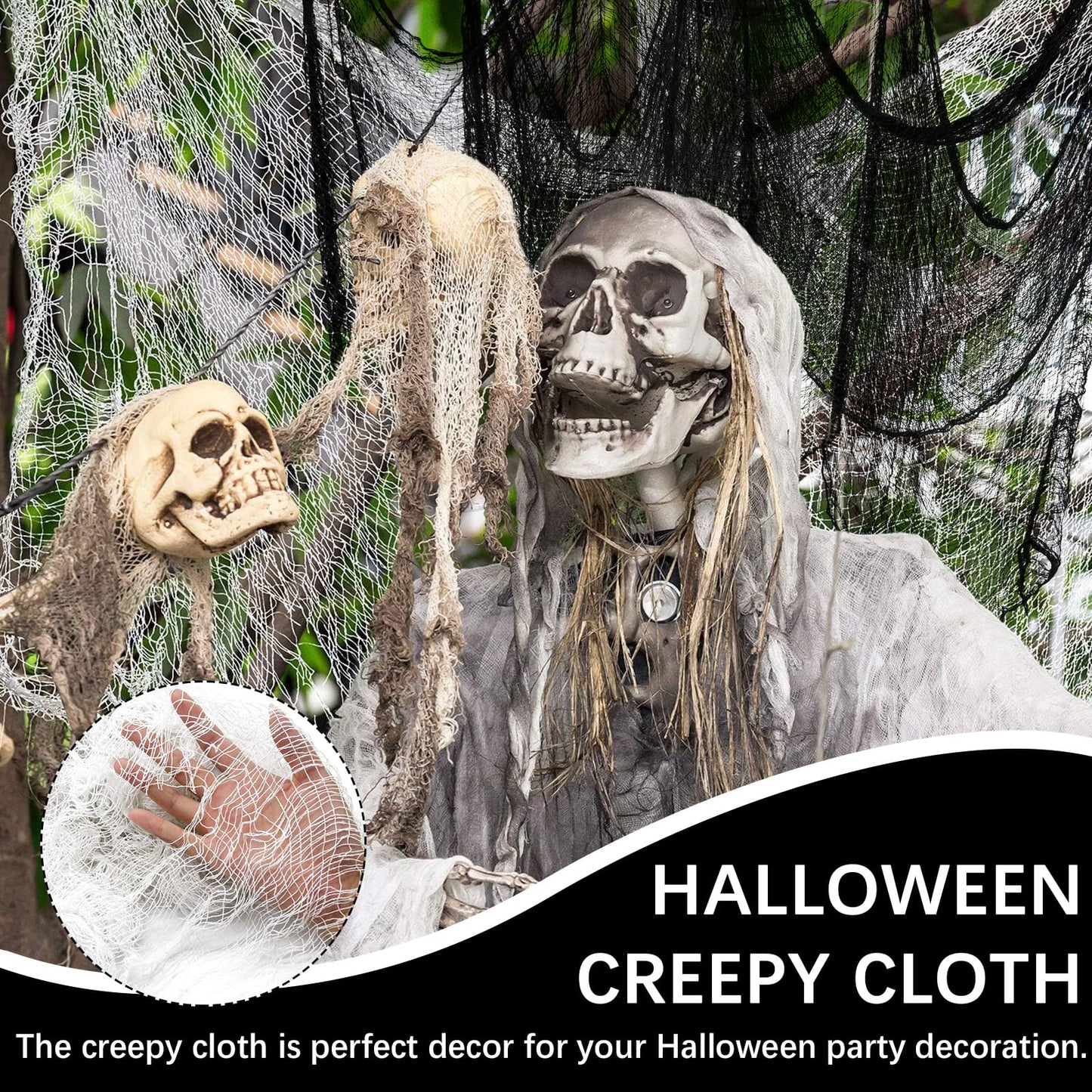 SHIYOUO 8 Pack Halloween Creepy Cloth, 30×72inch Spooky Fabric Clothes, Halloween Gauze Decoration for Haunted Houses, Party Supplies Indoor Outdoor- Black*4+White*4