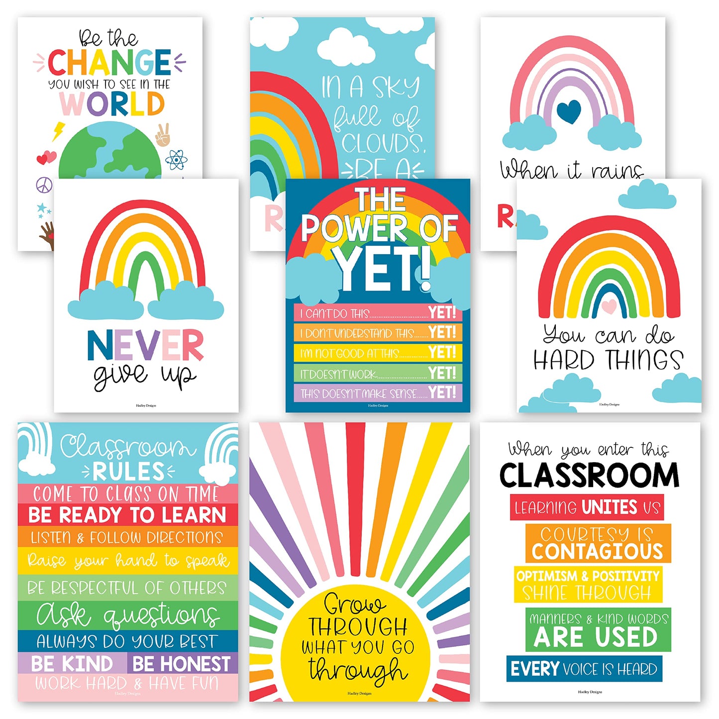 Hadley Designs Motivational Poster for Classroom Decor - 9 Growth Mindset Classroom Posters Elementary, Inspirational Wall Decor Middle School, Teacher Must Haves, Rainbow Bulletin Board Decorations