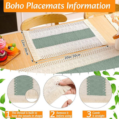 4 Sets Boho Decoration Placemats Round Woven Placemats, Cloth Napkins, Wood Bead Napkin Rings, Long Table Runner and Farmhouse Burlap Cotton for Table Kitchen (Green,12x72)