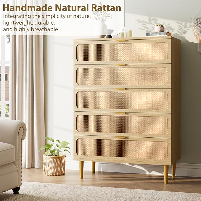 GarveeHome Rattan 5 Drawer Dressers