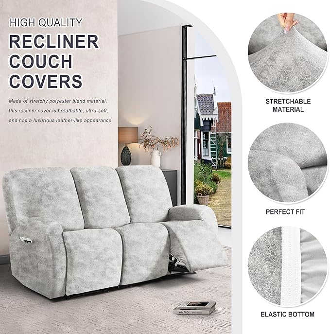 ANARACHON Leather Look Recliner Couch Cover, 8-Pieces Stretch Recliner Sofa
