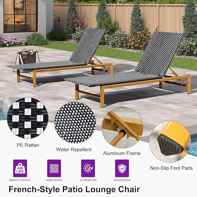 PURPLE LEAF Patio Chaise Lounge French Outdoor Lounger 2 Pieces Wood-Grain