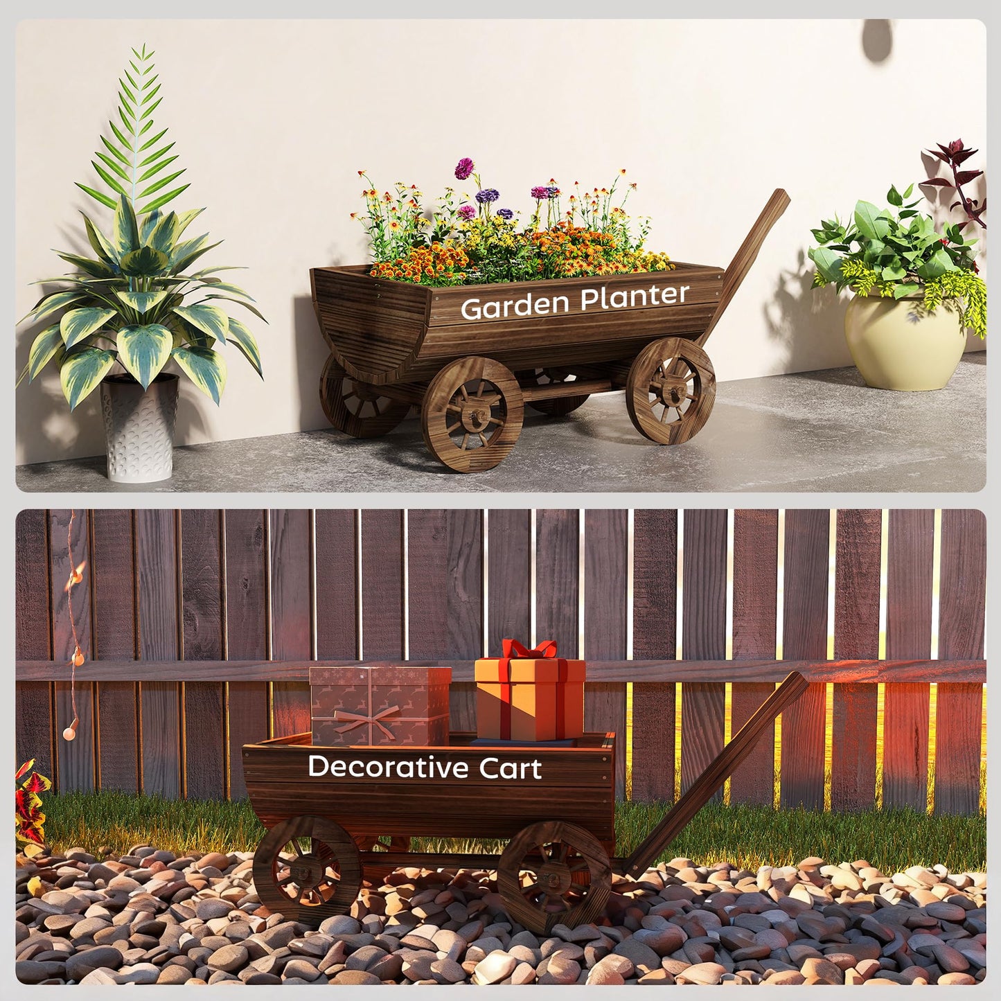 Outsunny Wooden Wagon Planter Box, Mobile Garden Planter with 4 Wheels and Handle, Small Wheelbarrow Wagon Flower Cart with Drainage Hole for Outdoor Patio, Garden, Balcony