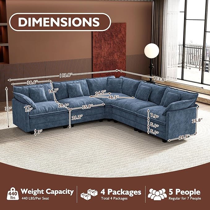 Ihanherry 114" V-Shaped Modern Sofa Modular Sectional Cloud Couch