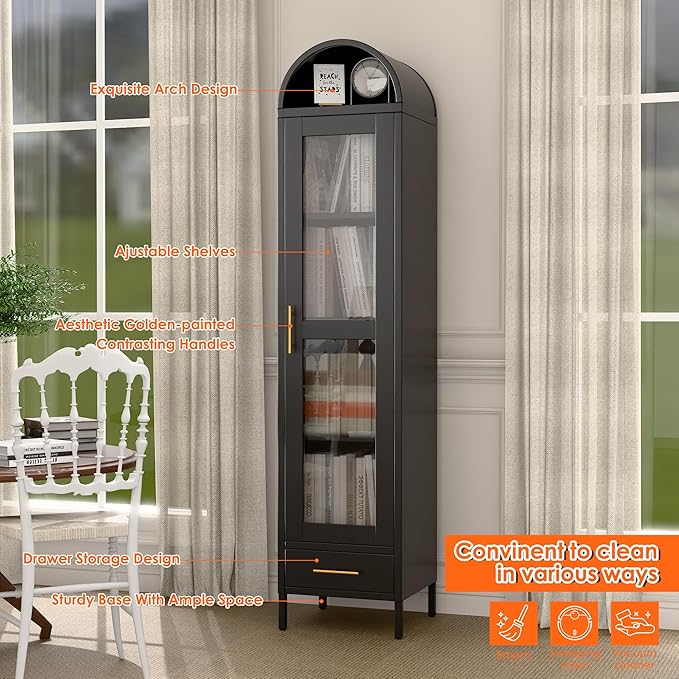 METAN Metal Arched Storage Display Cabinet, 1 Glass Door and Bottom 1 Drawer