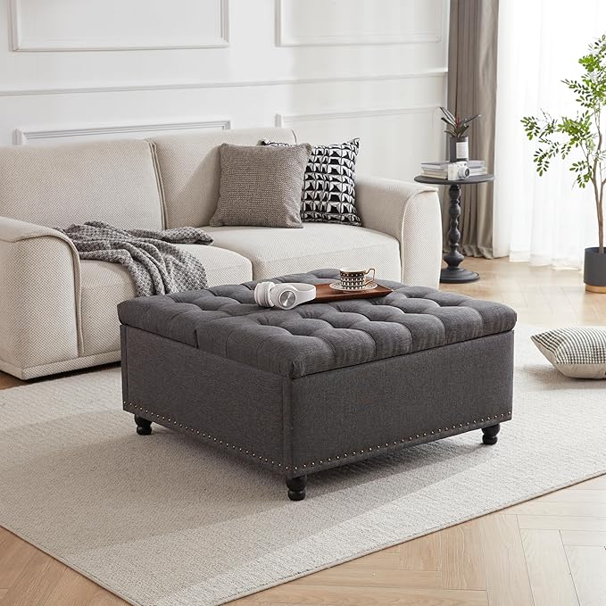 Tbfit Large Square Storage Ottoman Bench, Tufted Upholstered Coffee Table