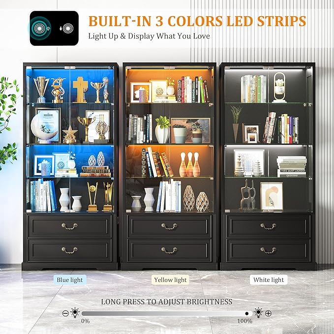 FREDEES Display Cabinet with Glass Doors, Tall Bookcase with 3 Color Lights and