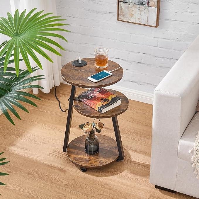 BEWISHOME Round End Table with Charging Station, Side Table Accent Nightstand