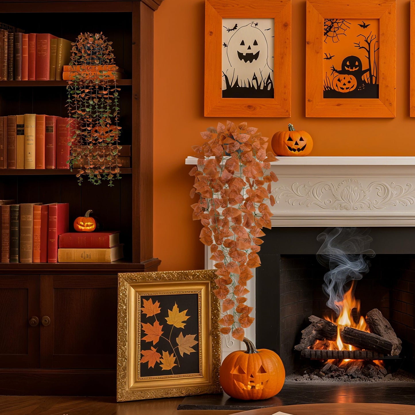 Der Rose 4Pcs Fake Fall Plants Hanging Orange Artificial Eucalyptus Plants, Boston Fern, Fake Potho, String of Pearls for Halloween Bathroom Table Centerpiece Wall Mantle Decor Indoor and Outdoor