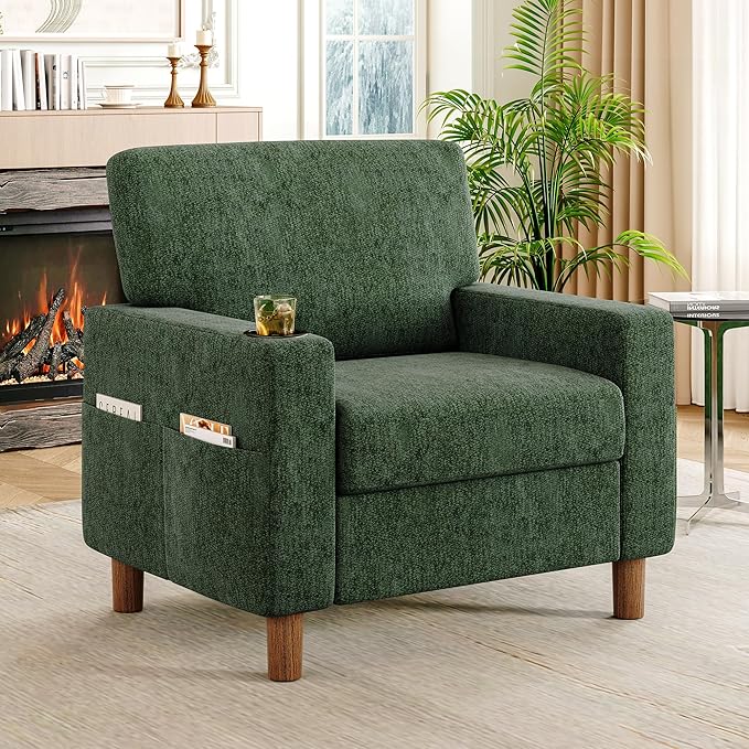 Mid Century Modern Accent Chair, Chenille Comfy Living Room Arm Chairs