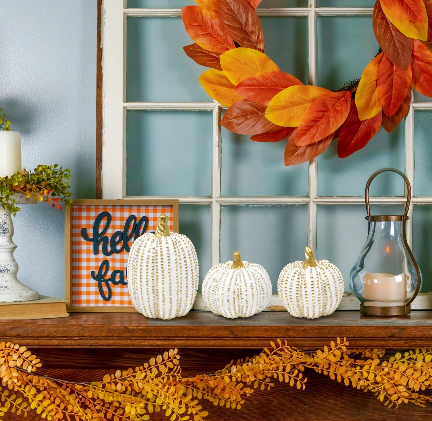 Gift Boutique Set of 3 White Gold Beaded Pumpkins Fall Harvest Home Décor for Thanksgiving Tabletop, Mantle, Shelf, Kitchen, Office, Tiered Tray
