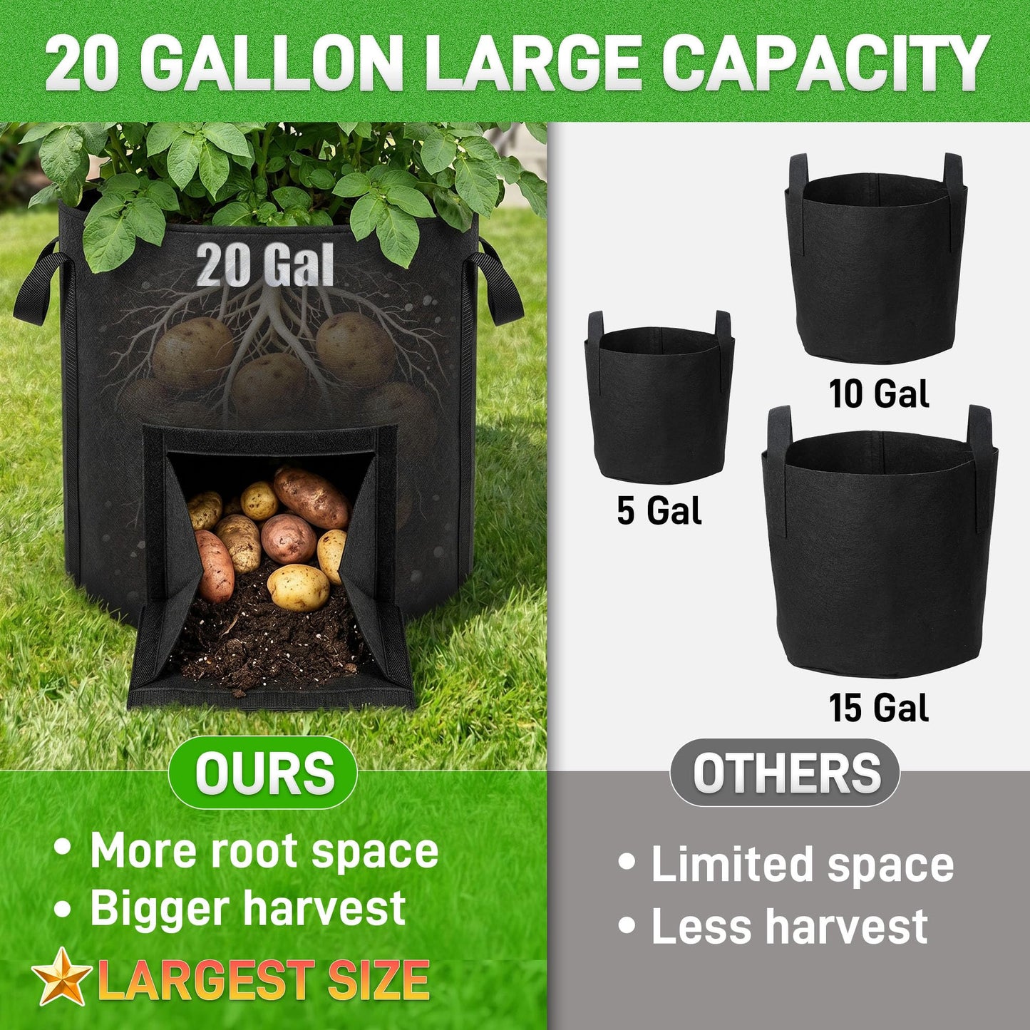 Mulctun 3Pcs 20 Gallon Potato Grow Bags, Grow Bags with Harvest & Visible Windows,Potato Bags for Growing Potatoes with Sturdy Handles,Potato Growing Containers for Growing Potatoes Vegetables