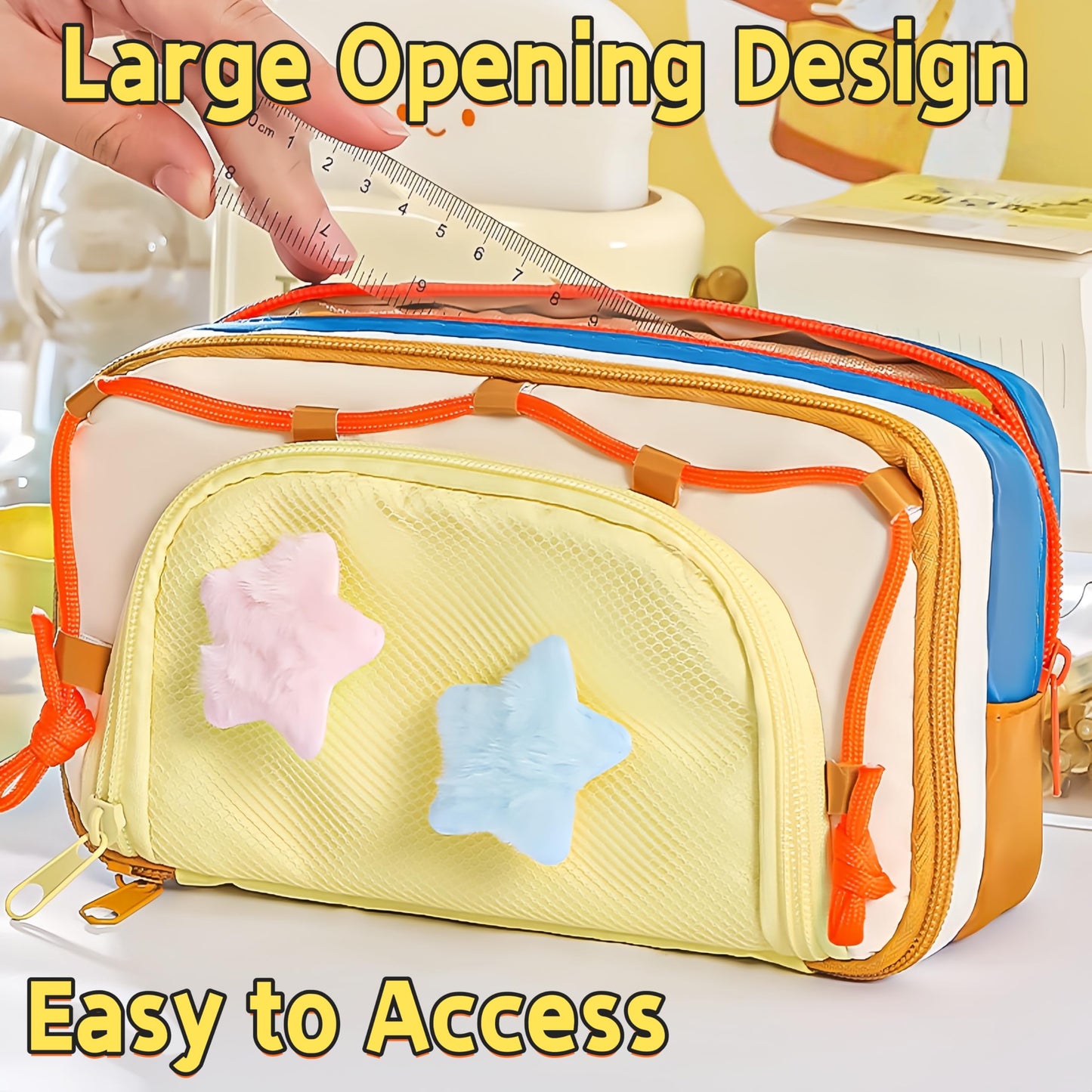 UIVXXUD Portable Multi-Layer Kawaii Star Pencil Case Organizer - Large Capacity Pencil Case with Compartments - Cute Pencil Pouch Functional Bag (Blue)