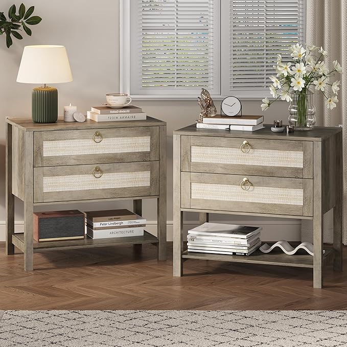 Xixini Nightstand Set of 2, Rattan Boho Bedside Table