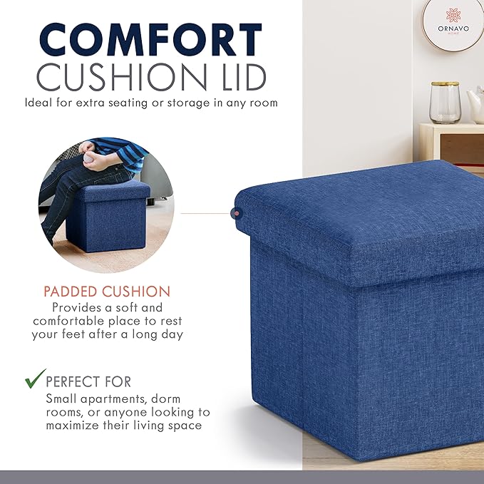 Ornavo Home Small Storage Ottoman Foldable Collapsible Cube Square Linen