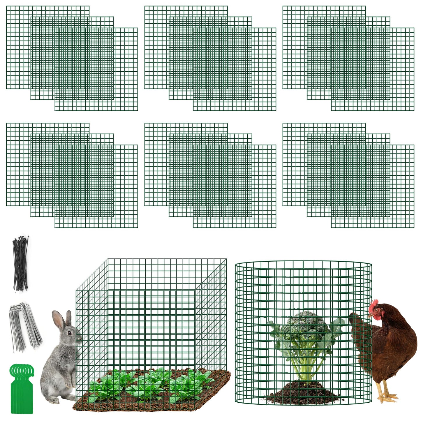 Plant Protectors from Animals - DIY Reusable Plant Cages for Outdoor Plants, Square Mesh Plant Covers Kits, 12"x12" Panels (6/18/30 Pcs) (18, Dark Green)