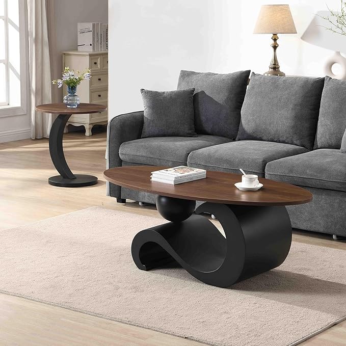Modern Oval Coffee Table Set of 2, Wood Nesting Coffee Tables
