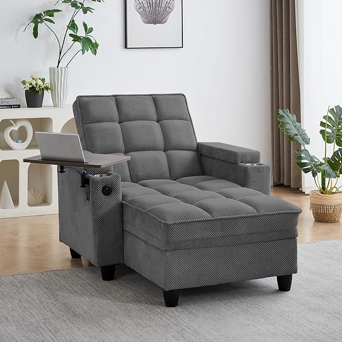 Oversized Recliner Chair with Swivel Tray Table, Modern Tufted Linen Fabric