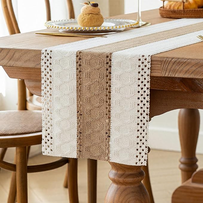 FEXIA Boho Table Runner for Home Coffee Decor 90 Inches Long Farmhouse Rustic Table Runner Macrame Burlap Centerpieces for Tables Decoration for Kitchen Bedroom Decor Bridal Shower (12x90 Inches)