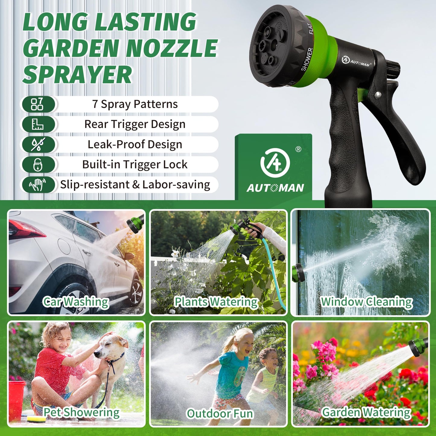 AUTOMAN-Garden-Hose-Nozzle, 2 Pack ABS Water Spray Nozzle with Heavy Duty 7 Adjustable Watering Patterns,Slip Resistant for Watering Plants,Lawn& Garden,Washing Cars,Cleaning,Showering Pets - Green