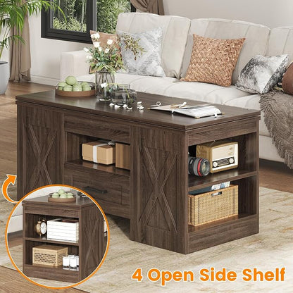 kepptory 39.4'' Lift Top Coffee Table with Storage, 4 in 1 Multi-Function Convertible Coffee Tables for Living Room, Farmhouse Coffee Table with Open Storage Compartment & Drawers (Walnut)