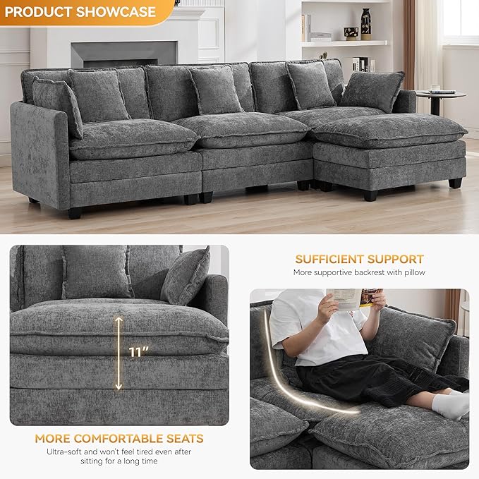 111'' Sectional Cloud Deep Seat Couch, Modern Comfy Chenille L Shaped Sectional