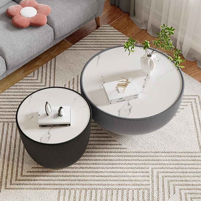 Round Marble Coffee Table Set of 2, 2 Piece White Coffee Table and End Table