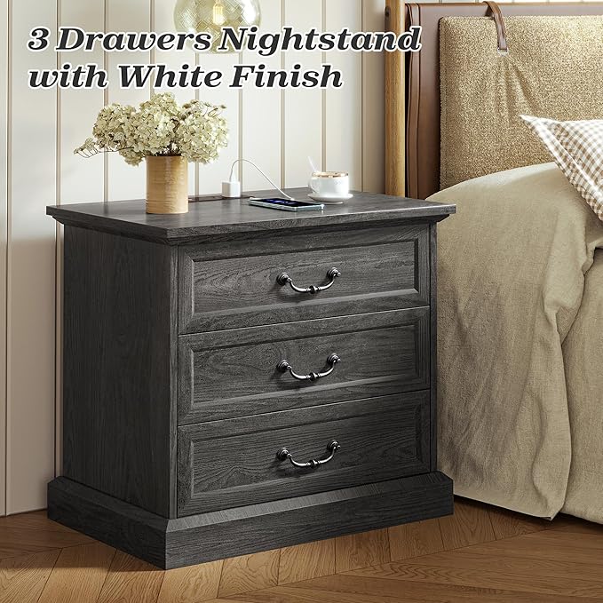 Huuger Nightstand with Charging Station, 3 Drawer Night Stand, 22 Inch Wider