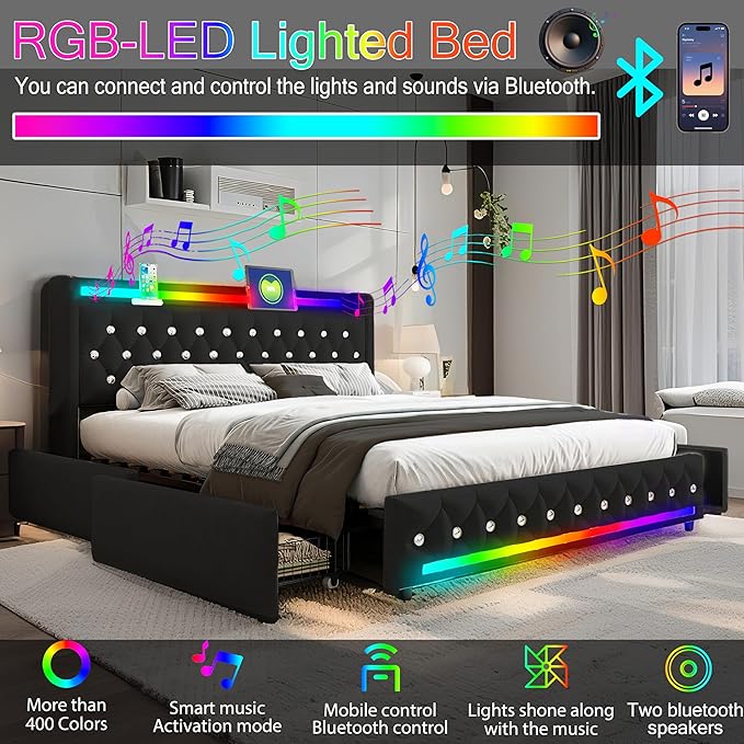 Music Player Full Bed with Bluetooth Speakers, USB&Type C Charging Ports
