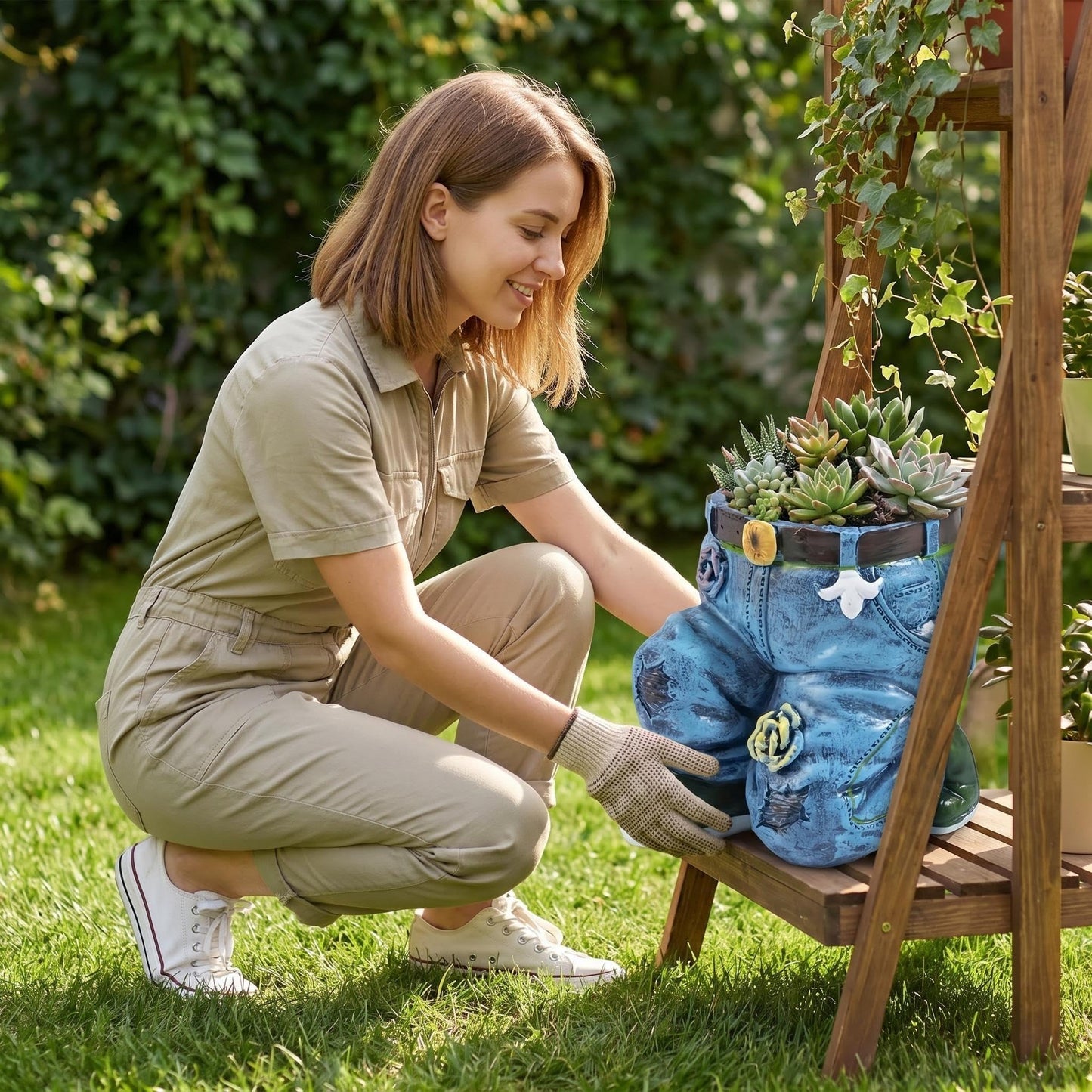 Doudouhua Creative Outdoor Planter,Flower Pot, Resin Cute Planters, Jeans Shape Garden Figurines Planter for Home Lawn Yard Outside Decor.Creative Outdoor Planter Flower Pot (Kneel Down on one Knee)