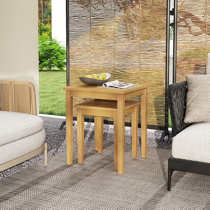 Tangkula 2 Pieces Patio Nesting Table, Teak Wood Outdoor Space Saving Design