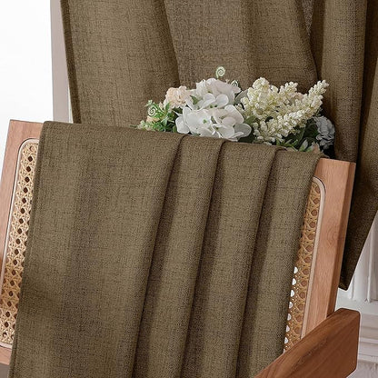 Tollpiz Linen Curtain Bedroom Rod Pocket Semi Sheer Curtains Burlap Light Filtering Thick Linen Drape for Living Room, 38 x 84 inches Long, Brown, Set of 2 Panels
