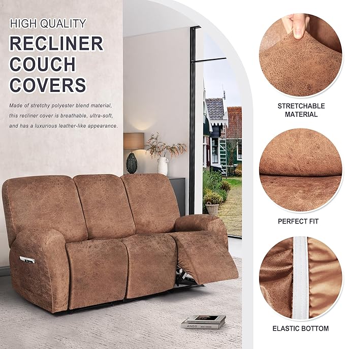 ANARACHON Leather Look Recliner Couch Cover, 8-Pieces Stretch Recliner Sofa