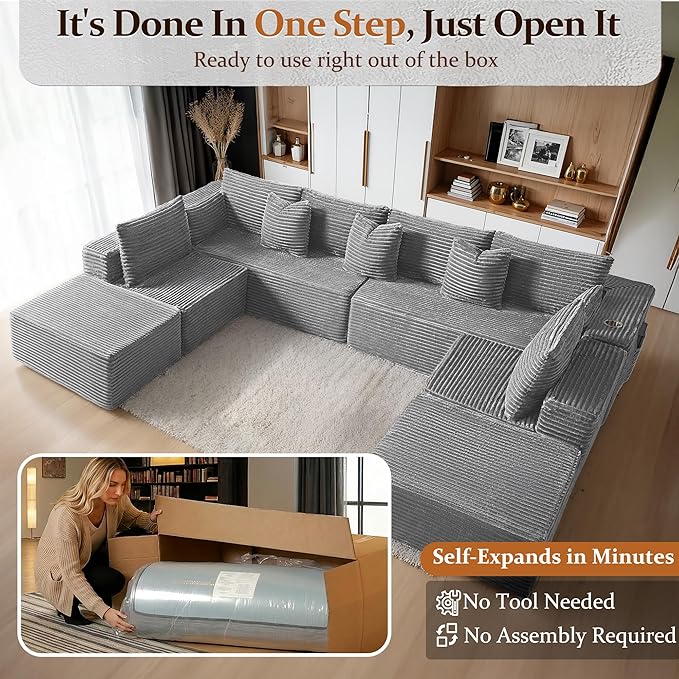 138" Cloud Sectional Couch, Comfort U Shaped Sofa