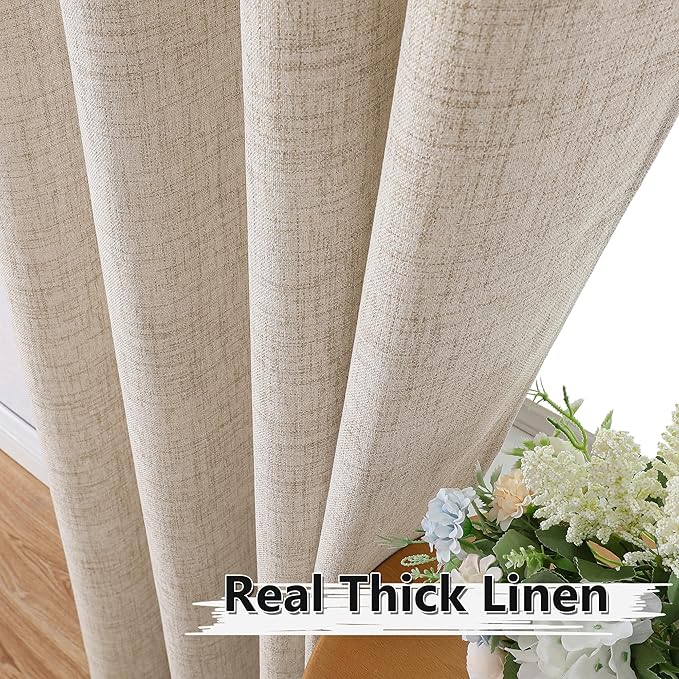 Tollpiz Linen Curtain Living Room Rod Pocket Semi Sheer Curtains Burlap Light Filtering Thick Linen Drape for Bedroom, 54 x 72 inches Long, Natural, Set of 2 Panels