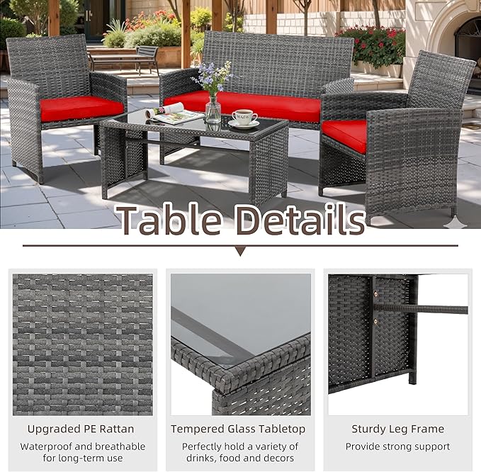 4 Piece Patio Ratten Set Outdoor Furniture Set Wicker Conversation Set