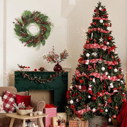 YNYLCHMX 20 Inch Winter Wreath for Front Door, Winter Wreaths with Magnolia Leaves Red Berries Pine Cones, Artificial Door Wreaths for Outdoor Indoor Farmhouse Windows Wall Holiday