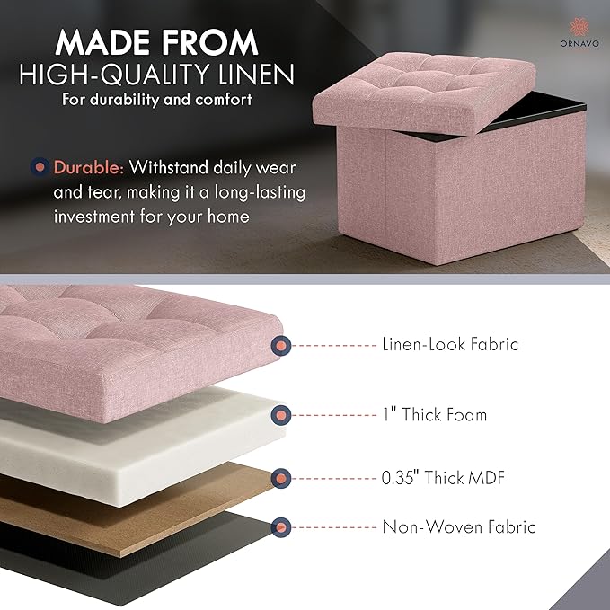 Ornavo Home Small Storage Ottoman, Foldable Collapsible Rectangle Linen Ottoman