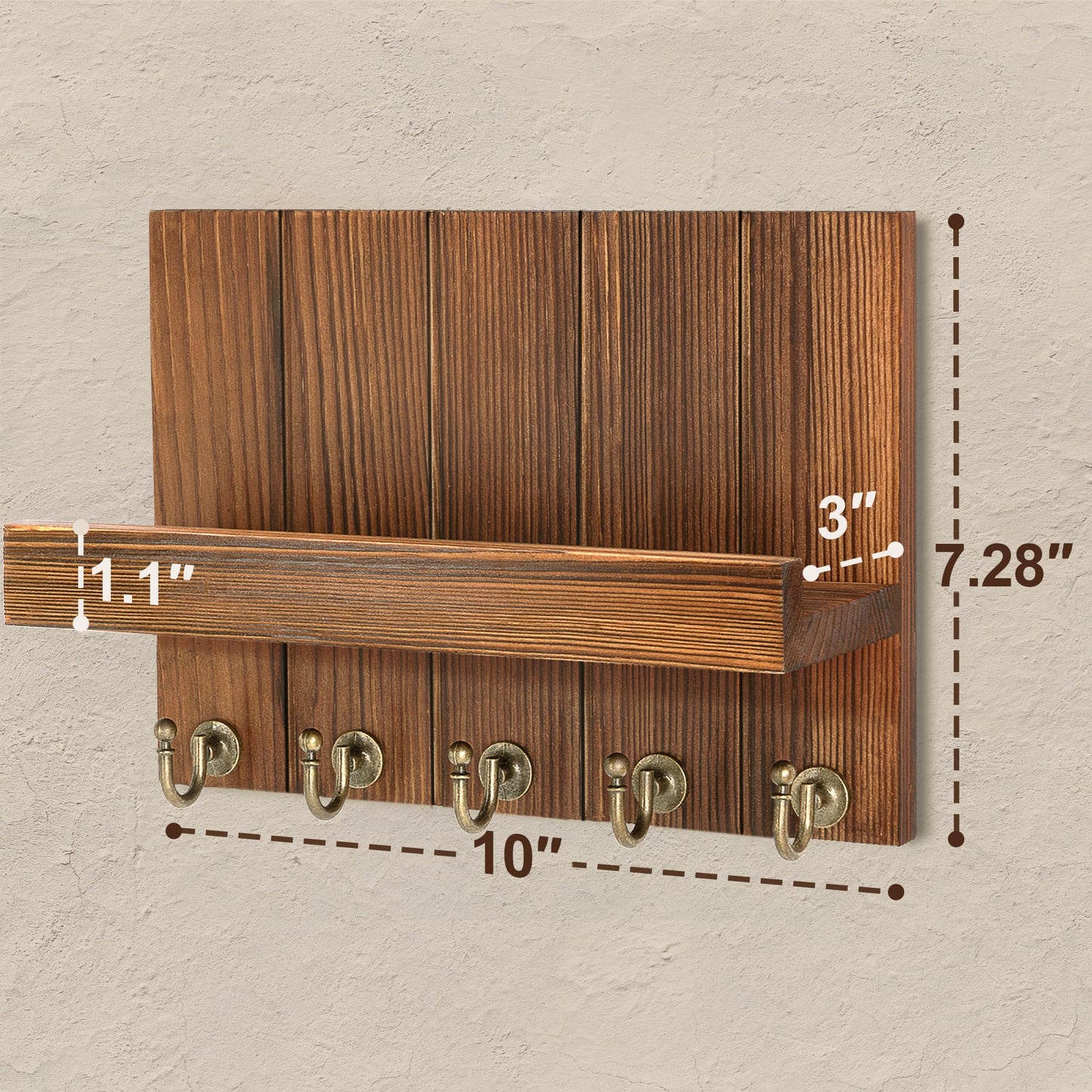 Rebee Vision Pine Wood Key Holder Wall Mount for Home Decor – Farmhouse Key Holder for Wall with Hooks & Floating Shelf – Ideal Mail Organizer for Home Organizaition (3.54" x 10" x 7.28", Retro Brown)